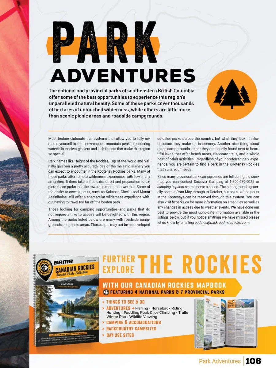 Park Adventures info page highlighting Canadian Rockies mapbook, camping, and outdoor activities.