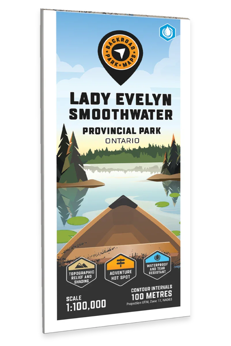 Lady Evelyn Smoothwater Provincial Park Ontario map cover with canoe, lake, and forest illustration