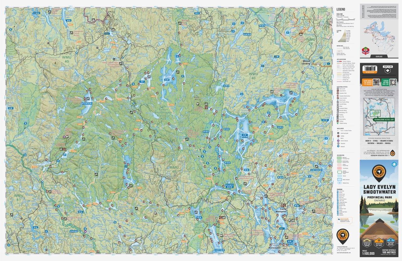 Lady Evelyn-Smoothwater Provincial Park Ontario map with lakes, trails, campsites, and legend