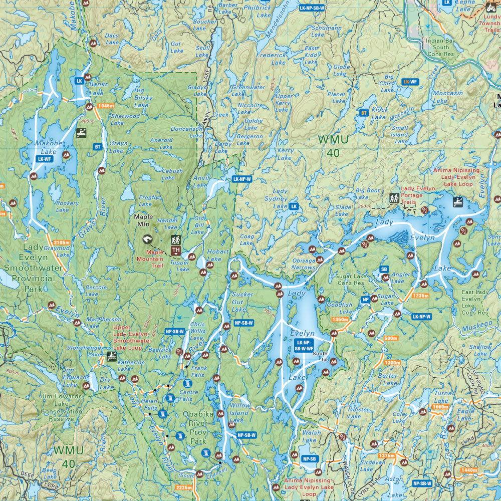 Lady Evelyn Smoothwater Provincial Park Ontario map with lakes, trails, and campsites marked