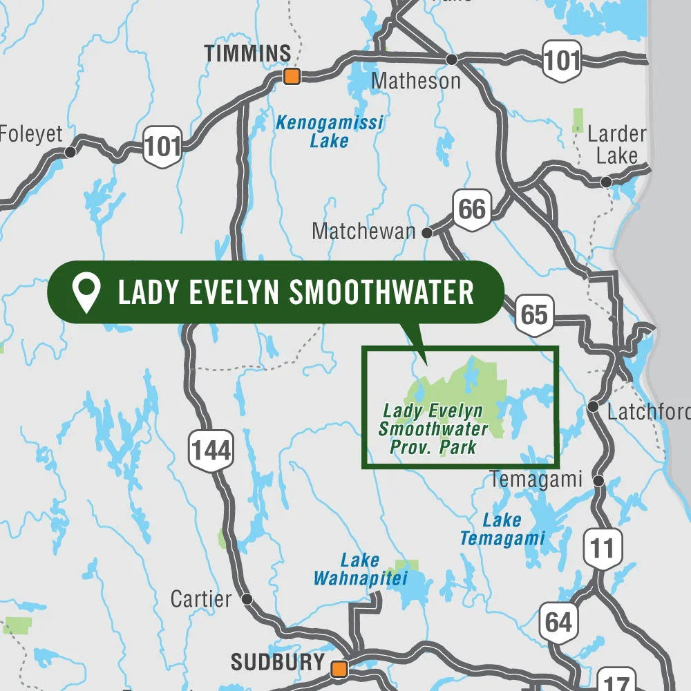 Map highlighting Lady Evelyn Smoothwater Provincial Park Ontario with nearby highways and lakes.