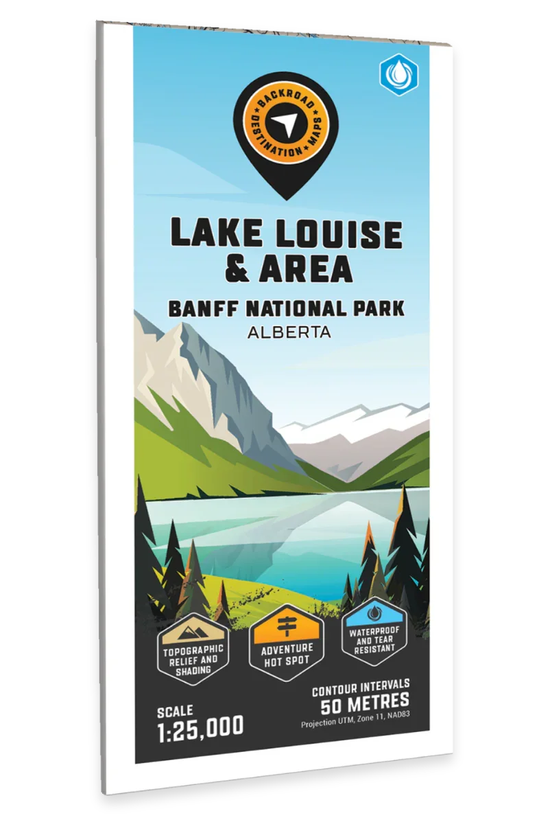 Lake Louise Banff National Park Alberta map cover with mountains, lake and icons for features