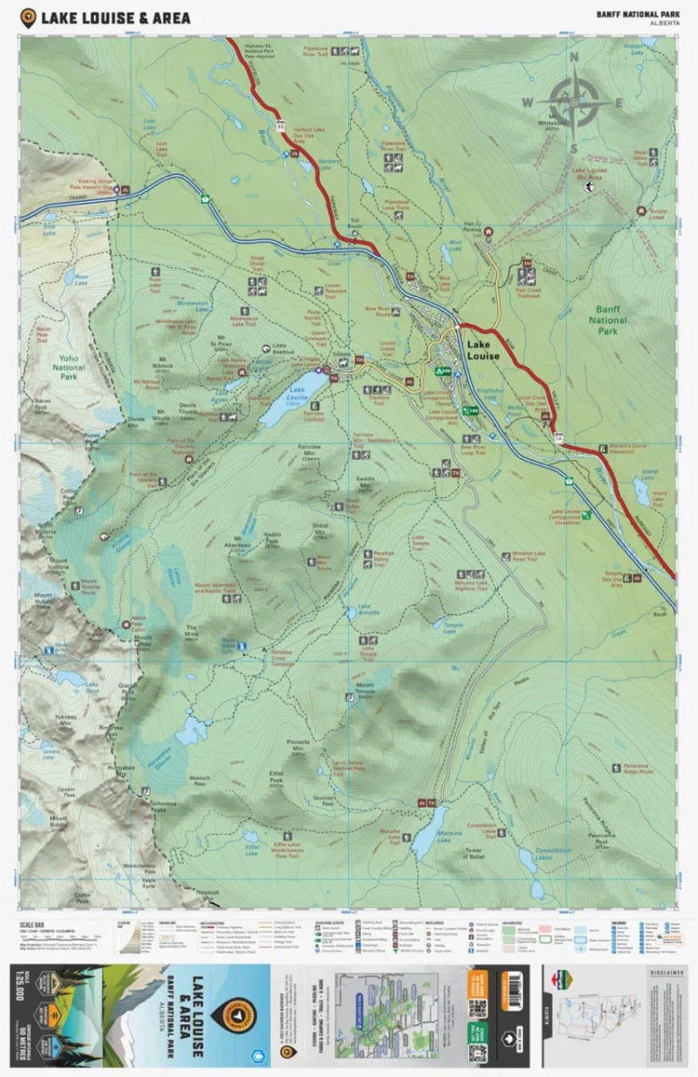Lake Louise area map, Banff National Park Alberta, showing trails, roads, and lake icons.