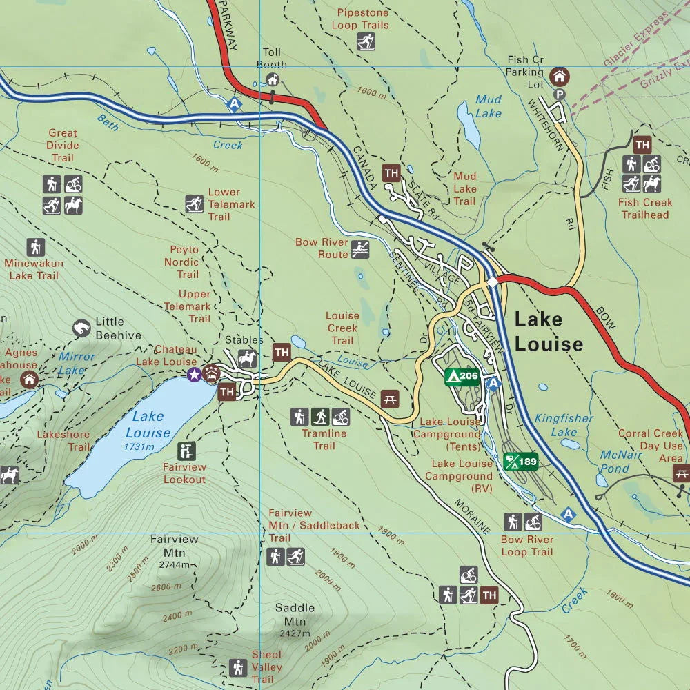 Lake Louise area map showing trails, campgrounds, and landmarks in Banff National Park, Alberta