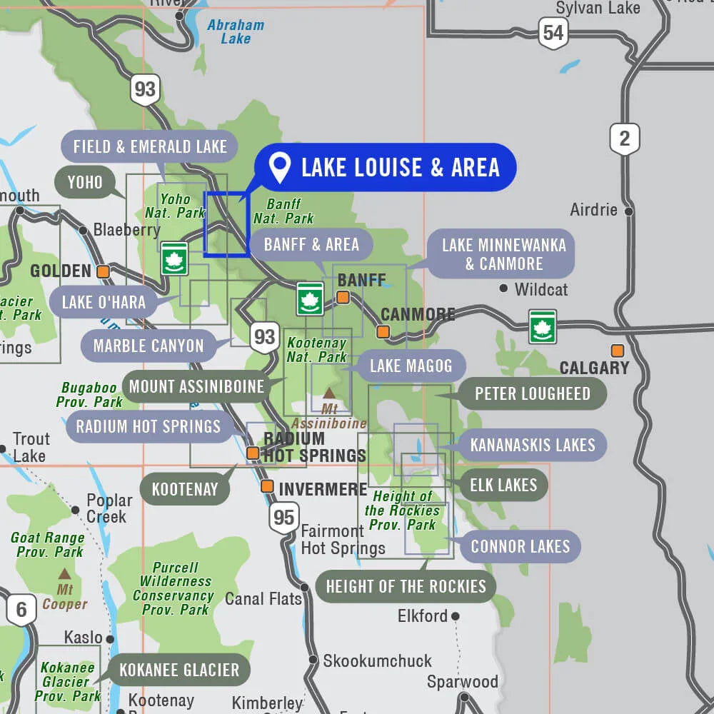 Map of Banff National Park showing Lake Louise area, highways, parks, and main attractions