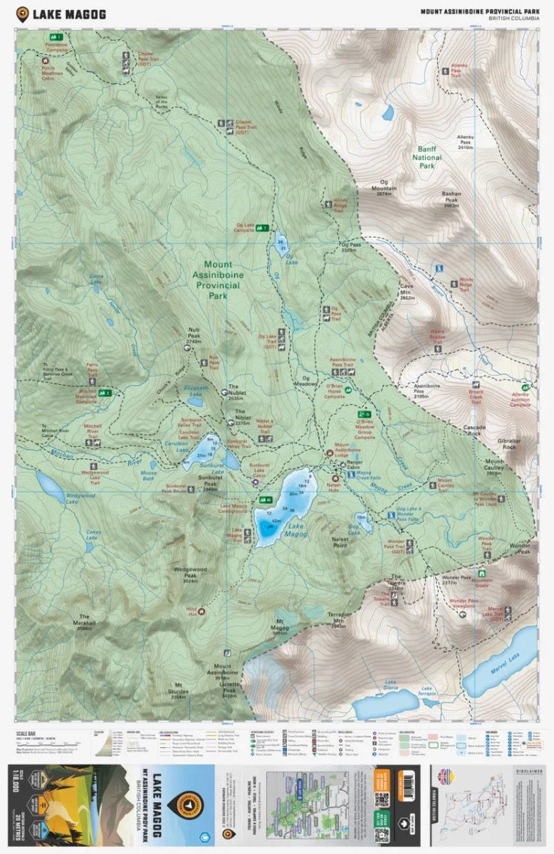 Lake Magog Mount Assiniboine Provincial Park BC map with trails, campsites, and topography.