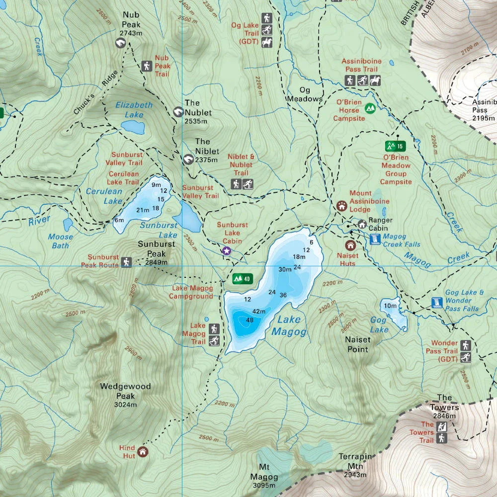 Map of Lake Magog and Mount Assiniboine Provincial Park trails, peaks, and campgrounds in BC