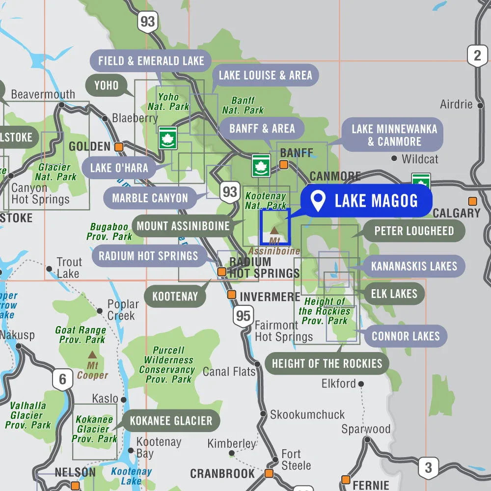 Map highlighting Lake Magog in Mount Assiniboine Provincial Park, BC, near Kootenay National Park.