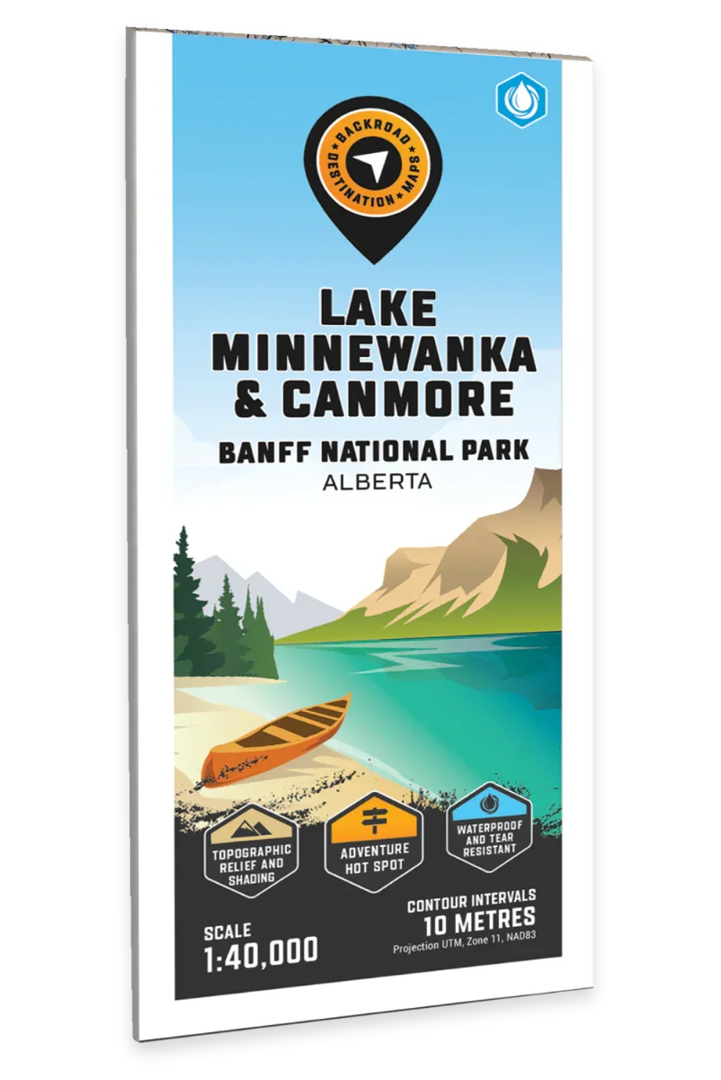 Lake Minnewanka & Canmore Banff National Park Alberta map cover with canoe, mountains, lake, and adventure icons