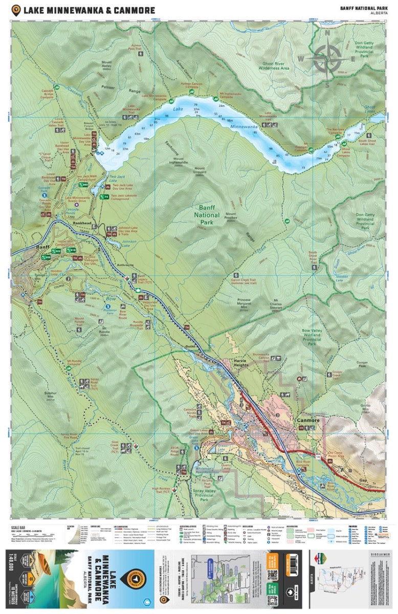 Map of Lake Minnewanka and Canmore in Banff National Park, Alberta, with trails and landmarks.