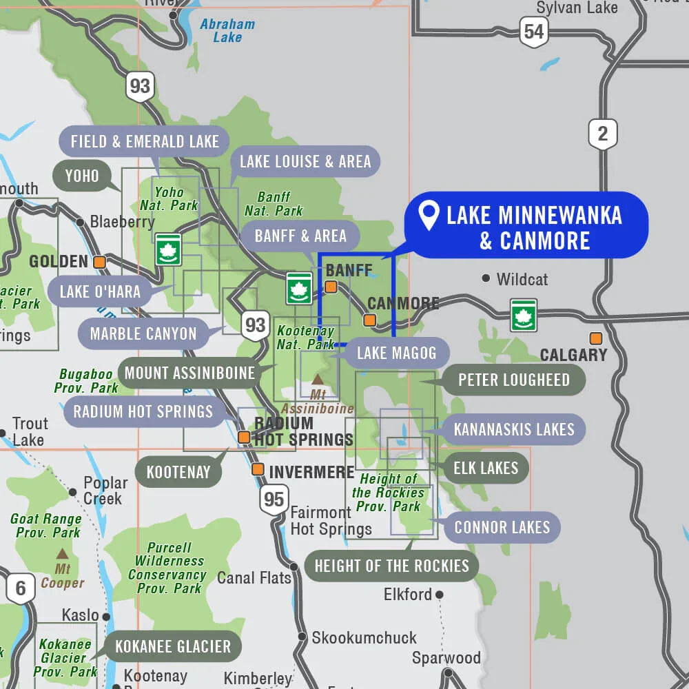 Map highlighting Lake Minnewanka and Canmore in Banff National Park, Alberta, Canada