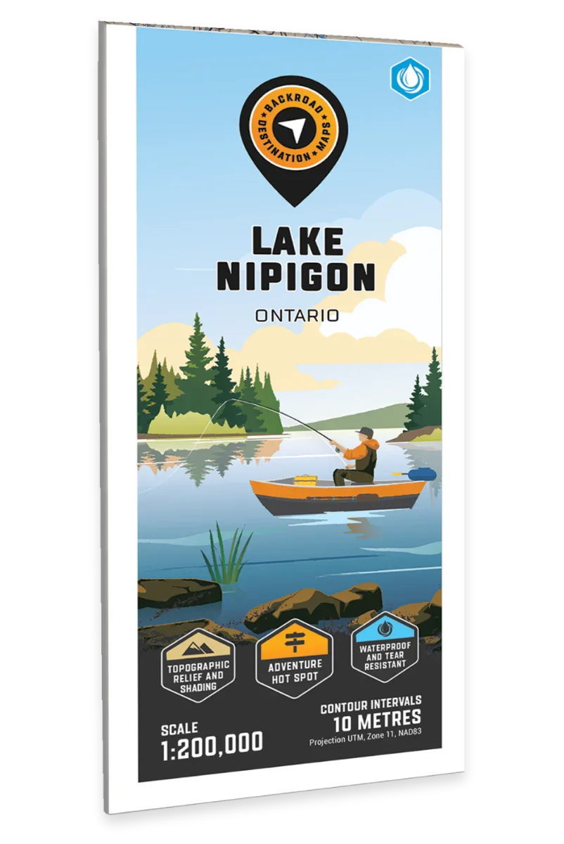 Lake Nipigon Ontario destination map cover with illustration of a person fishing in a canoe on a lake surrounded by trees, featuring topographic relief, adventure hot spot, waterproof map and scale details.