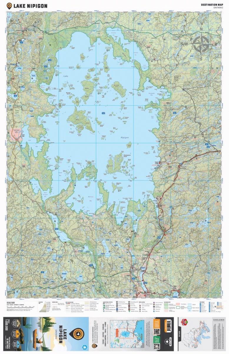 Lake Nipigon Ontario destination map with topography, roads, islands, and legends