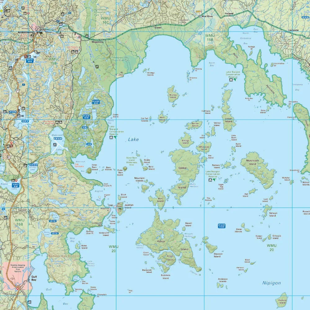 Lake Nipigon Ontario detailed topographic map with islands, towns, and roadways visible.
