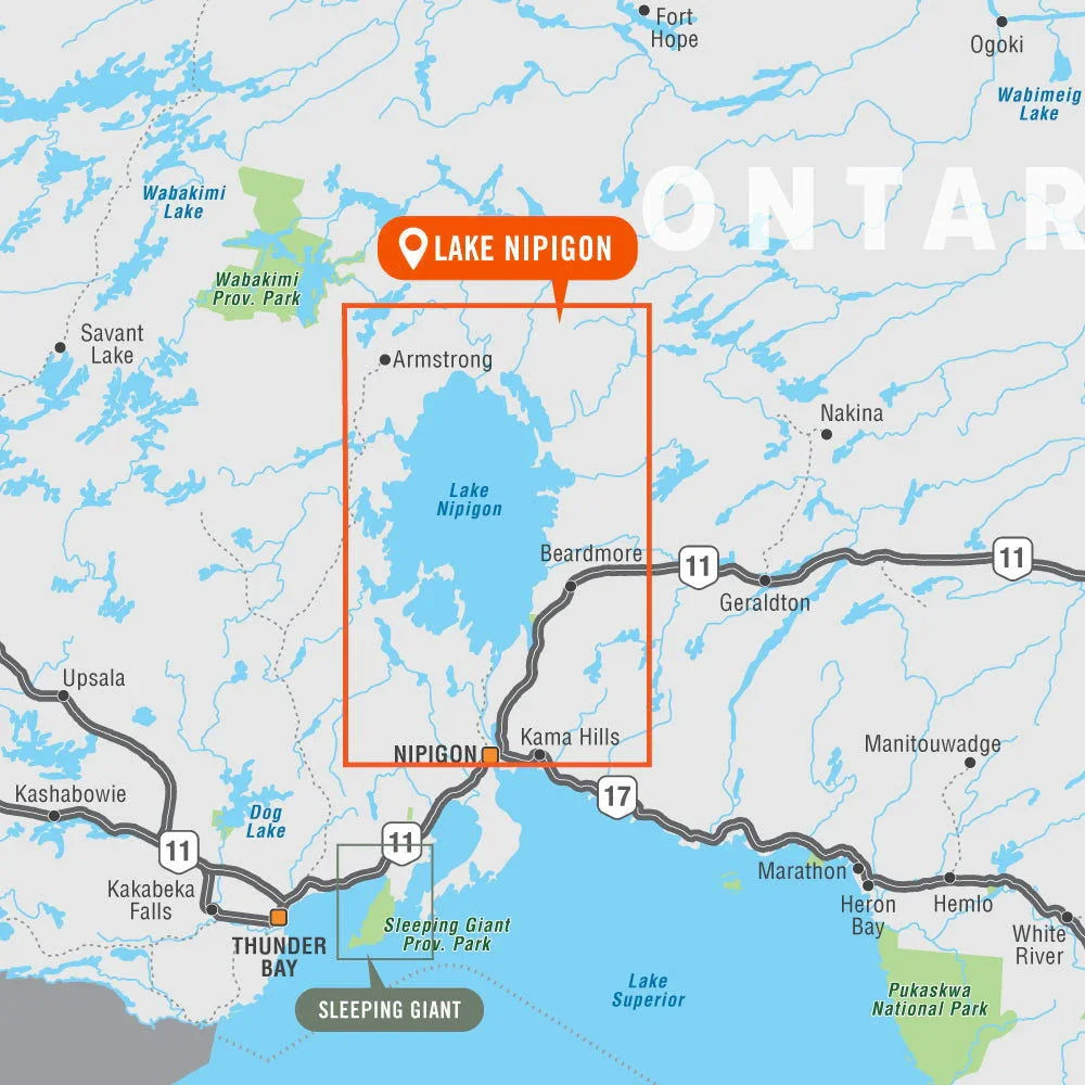 Lake Nipigon Ontario destination map with towns, highways, and provincial parks highlighted