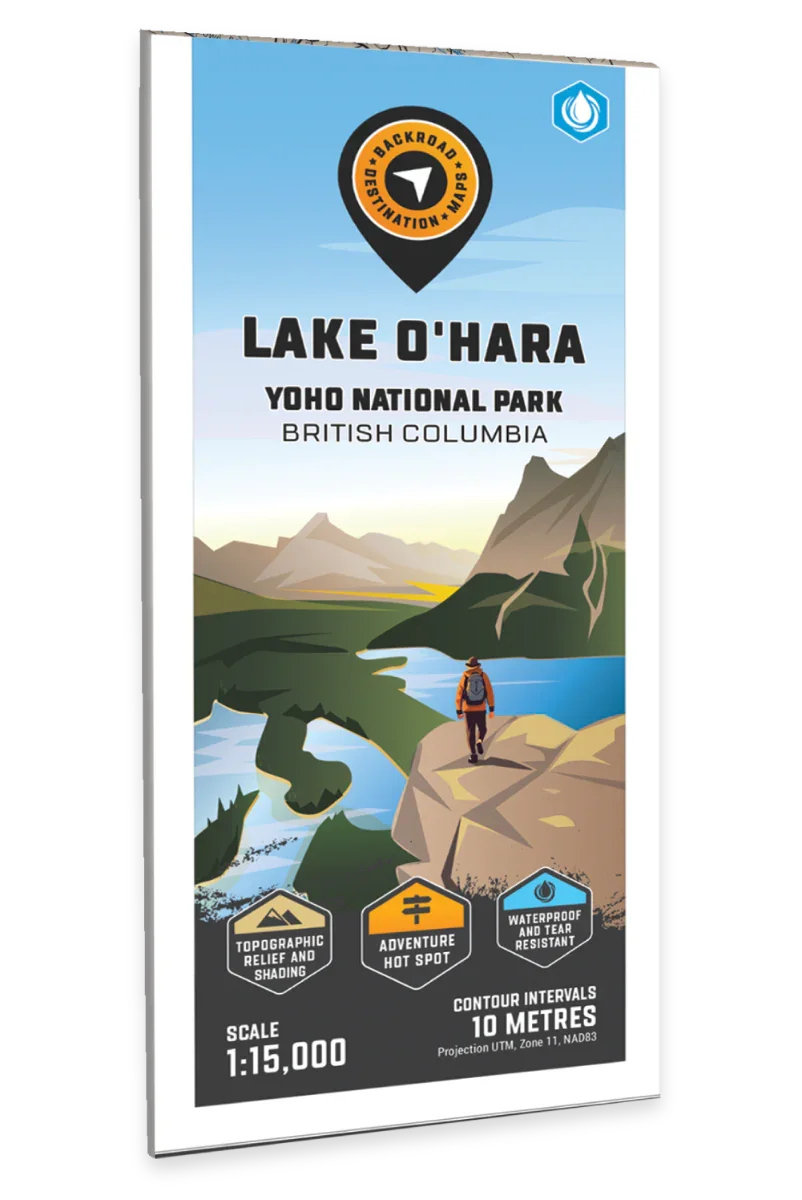Lake O'Hara Yoho National Park BC map cover with hiker, mountains, and lake illustration