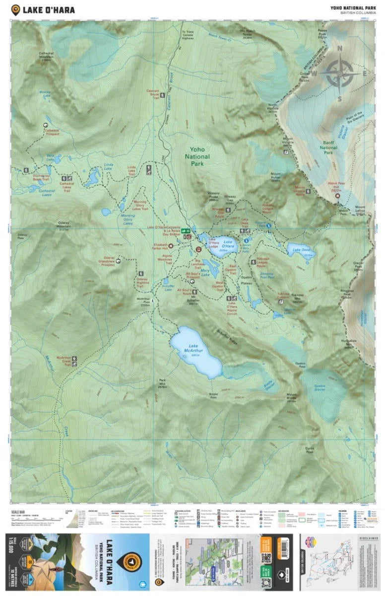 Topographic map of Lake O'Hara, Yoho National Park, BC with lakes, trails, and landmarks.