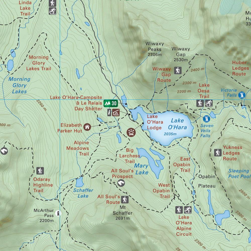 Lake O'Hara Yoho National Park trail map with lakes, routes, campsites, and elevation details