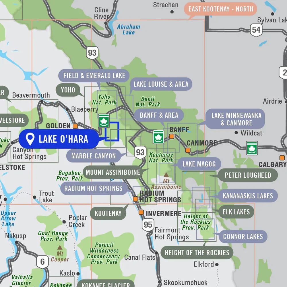 Map showing Lake O'Hara in Yoho National Park, nearby parks and travel routes in BC.