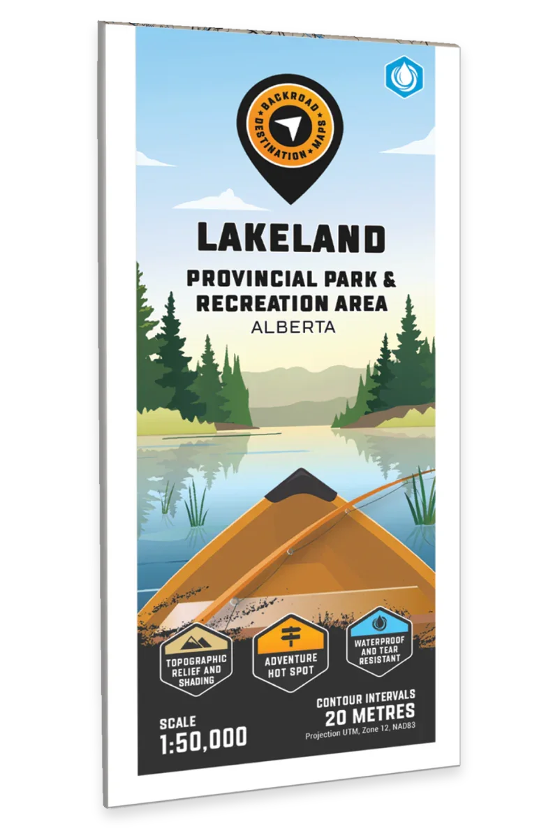 Lakeland Provincial Park Alberta map cover with canoe, lake, and pine trees, Backroad Maps