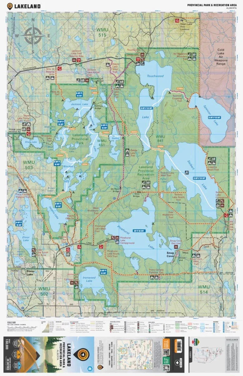 Lakeland Provincial Recreation Area Alberta map showing lakes, trails, campgrounds, and park facilities