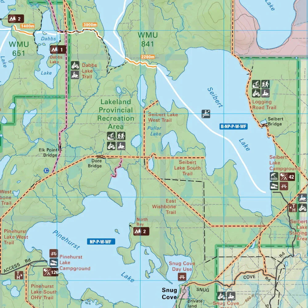 Lakeland Provincial Recreation Area map showing trails, campgrounds, lakes, and bridges.