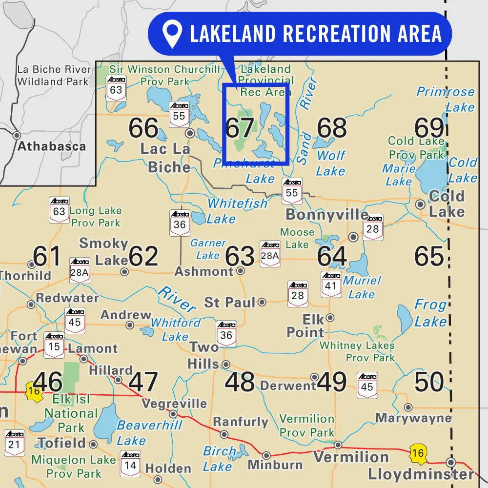 Map highlighting Lakeland Provincial Recreation Area Alberta with labeled lakes and towns