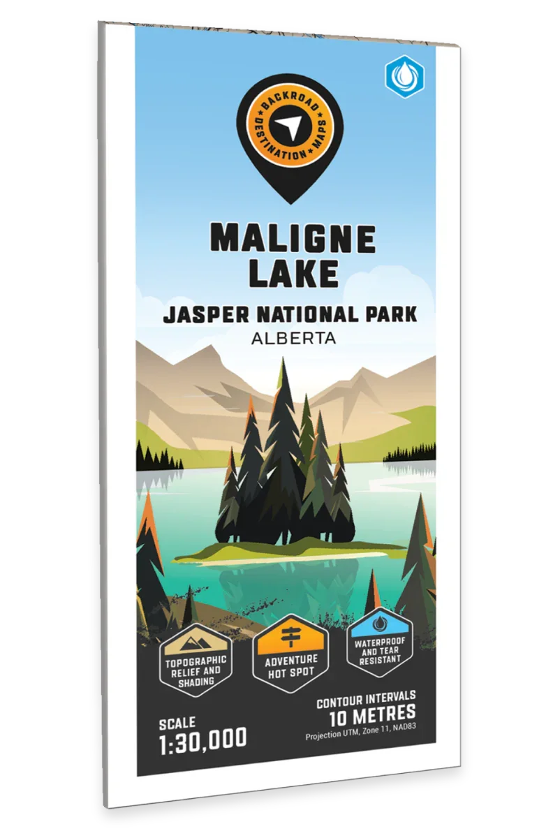 Maligne Lake Jasper National Park Alberta illustrated map cover with trees, lake, and mountains