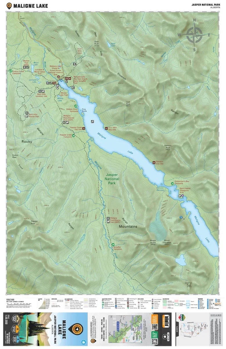 Maligne Lake Jasper National Park map, showing trails, campgrounds, and mountain terrain in Alberta.