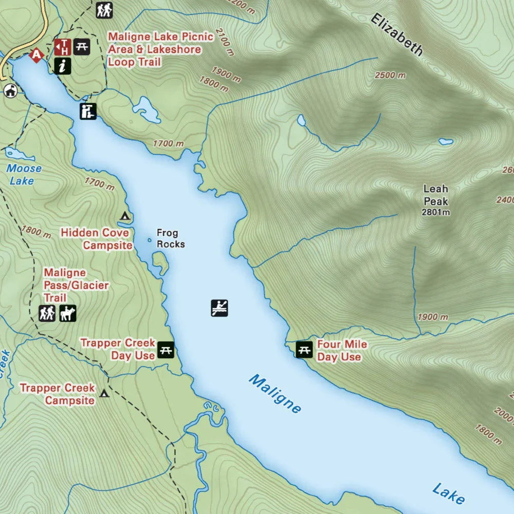 Maligne Lake map with picnic areas, campsites, trails, and Leah Peak in Jasper National Park