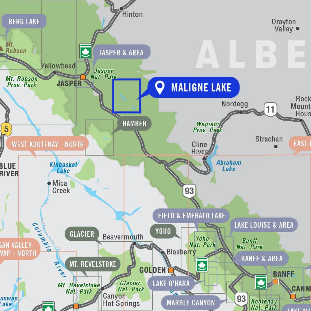 Map showing Maligne Lake in Jasper National Park, Alberta, near Highway 93 and Hamber.