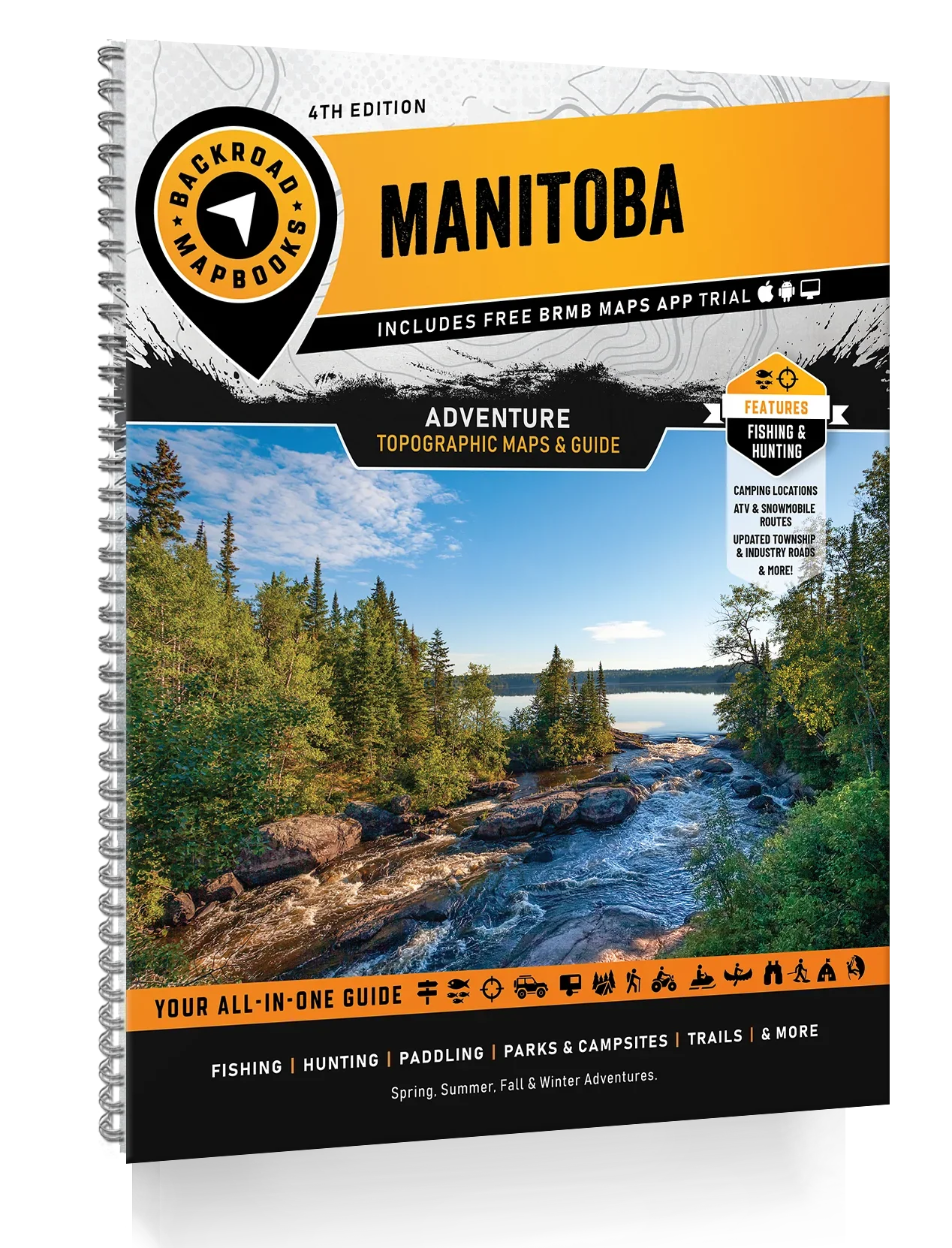 Manitoba Backroad Mapbook cover showing a river, forest, and adventure guide keywords