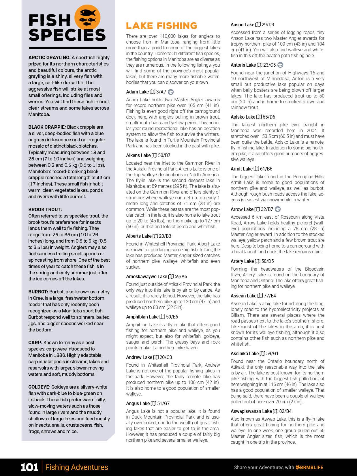 Page from Manitoba Backroad Mapbook detailing fishing species and lake fishing spots.