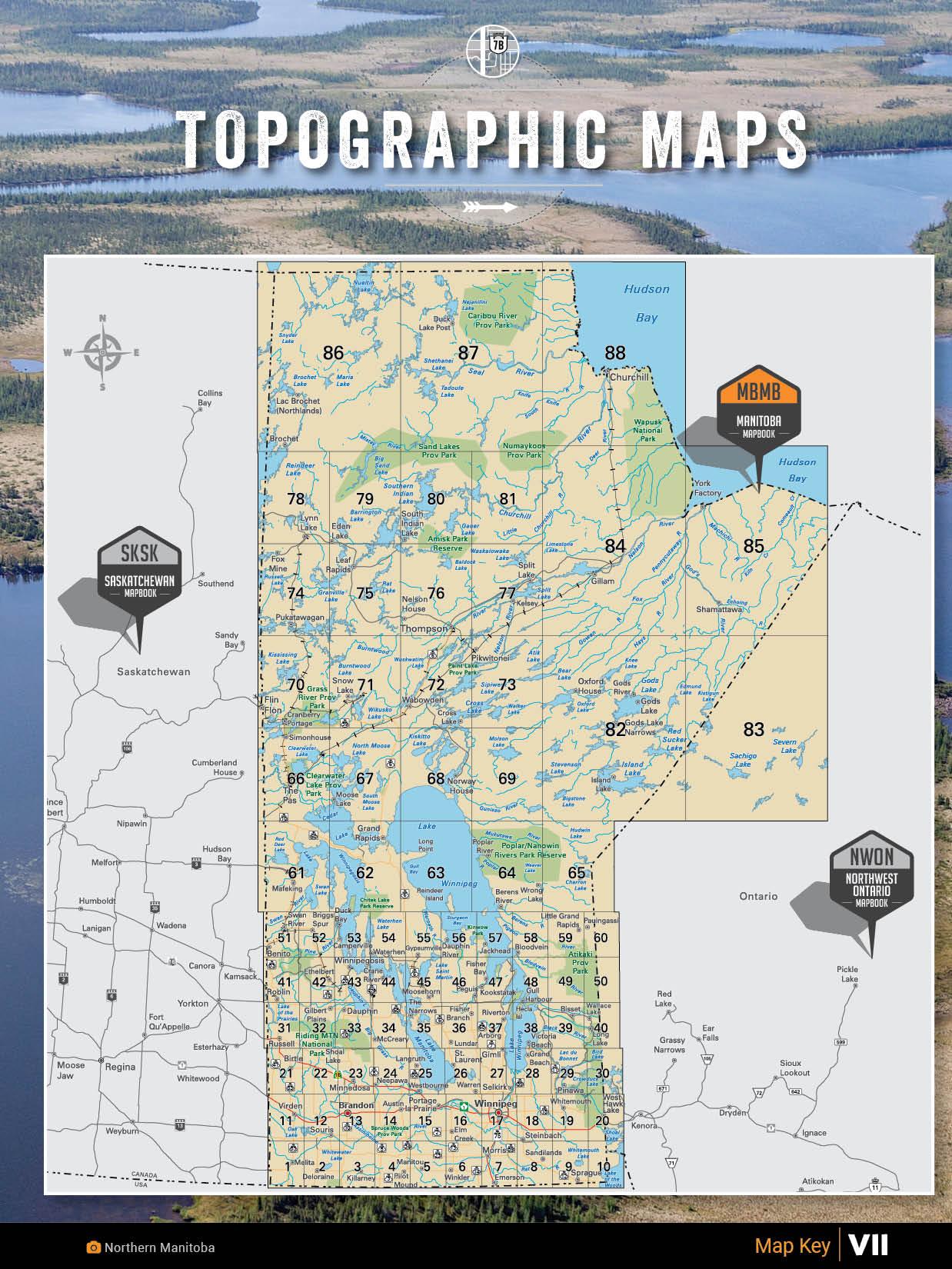 Topographic map of Manitoba with numbered regions, lakes, rivers, and labeled borders.