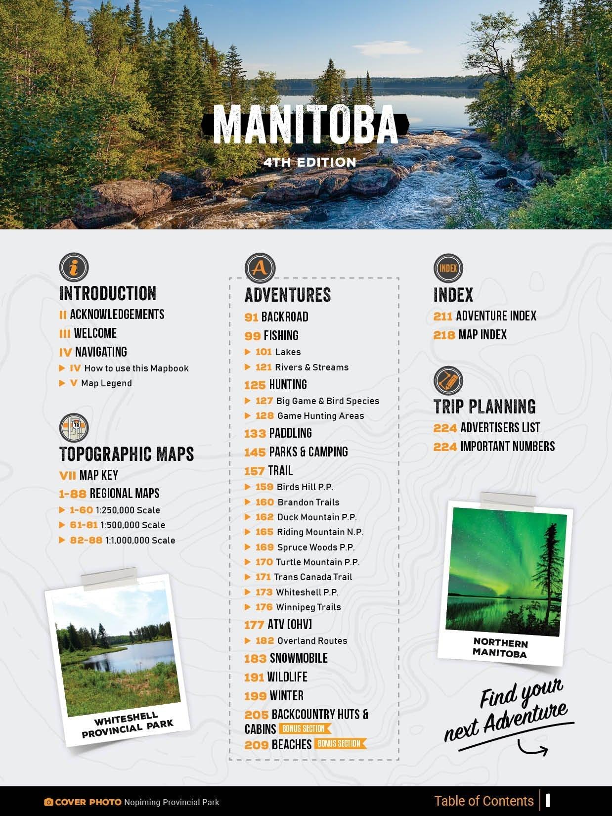 Manitoba Backroad Mapbook cover showing forest river landscape, title, and section highlights.
