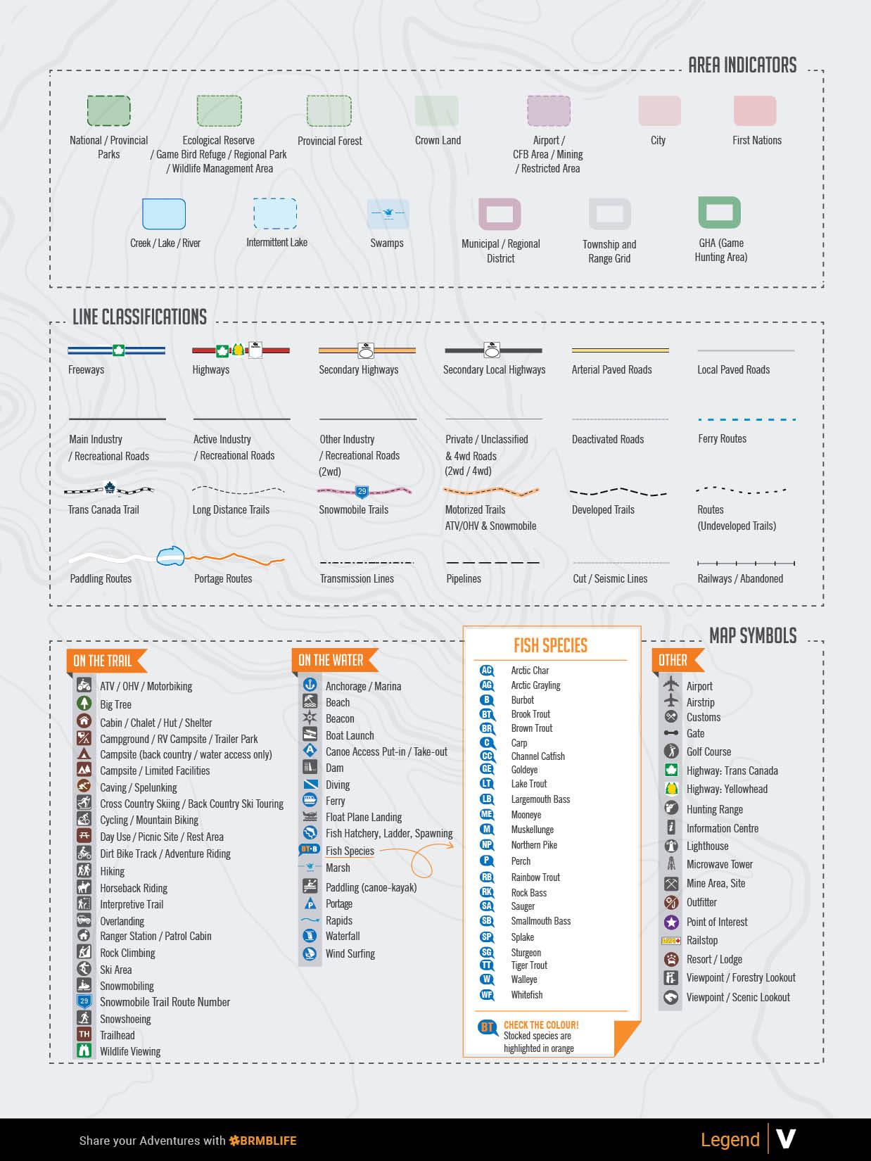 Manitoba Backroad Mapbook legend with area indicators, trail lines, fish species, and map symbols.