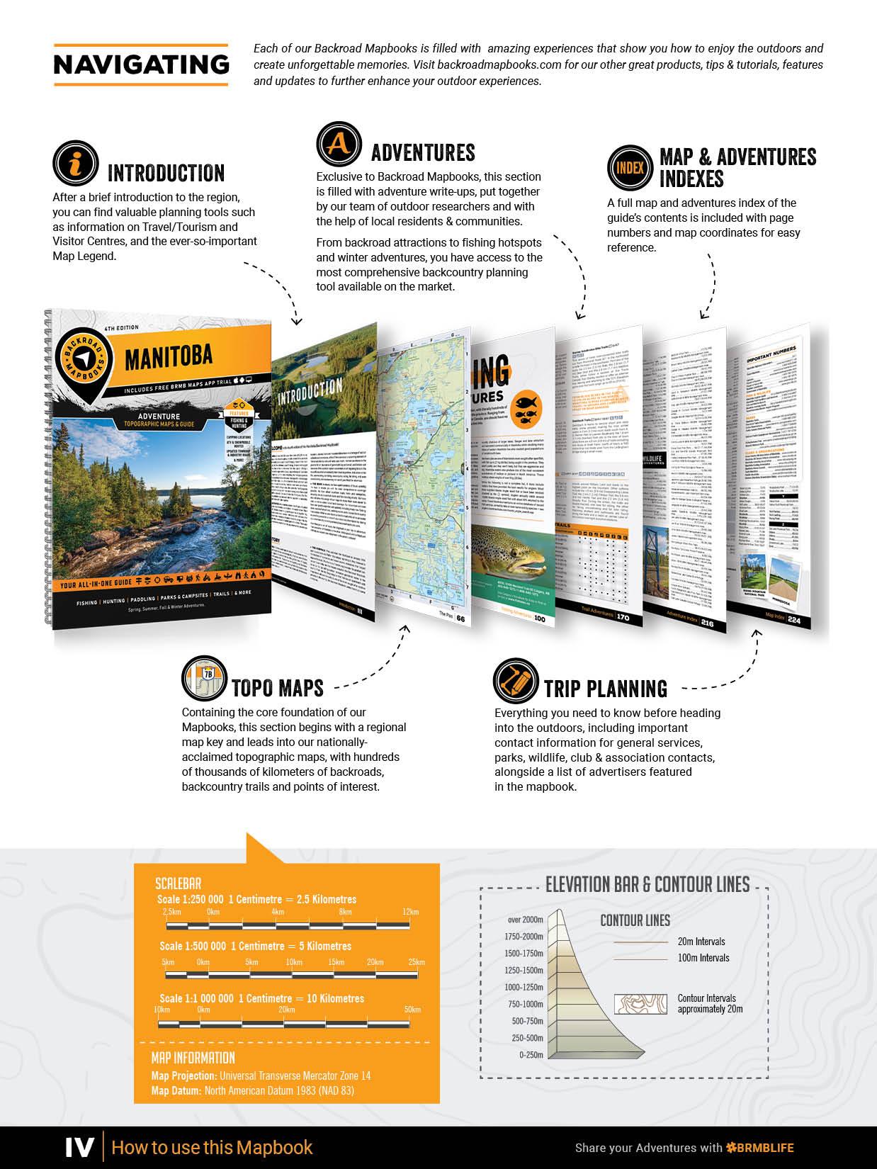 Manitoba Backroad Mapbook guide overview with adventure planning, topo maps, and trip info