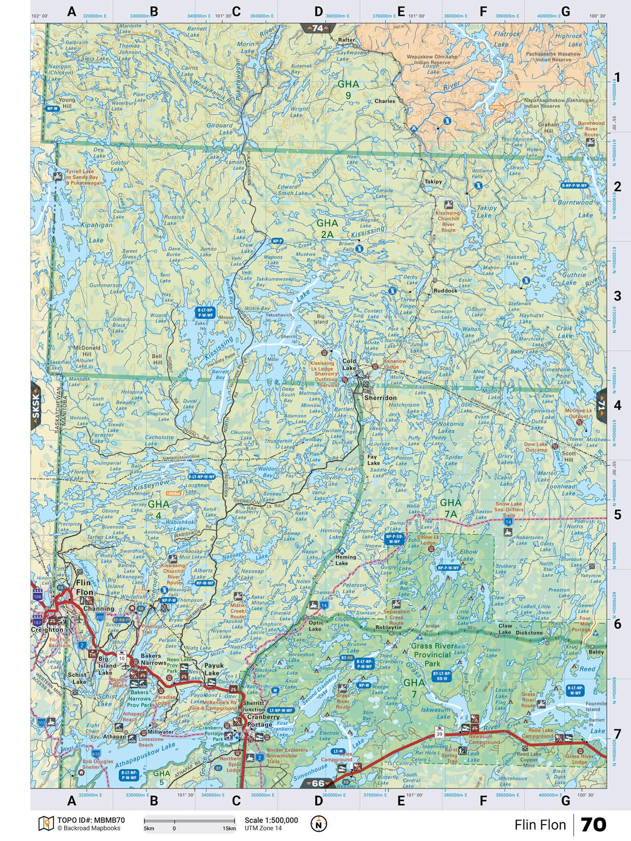 Manitoba backroad map showing Flin Flon area, lakes, roads, and parks