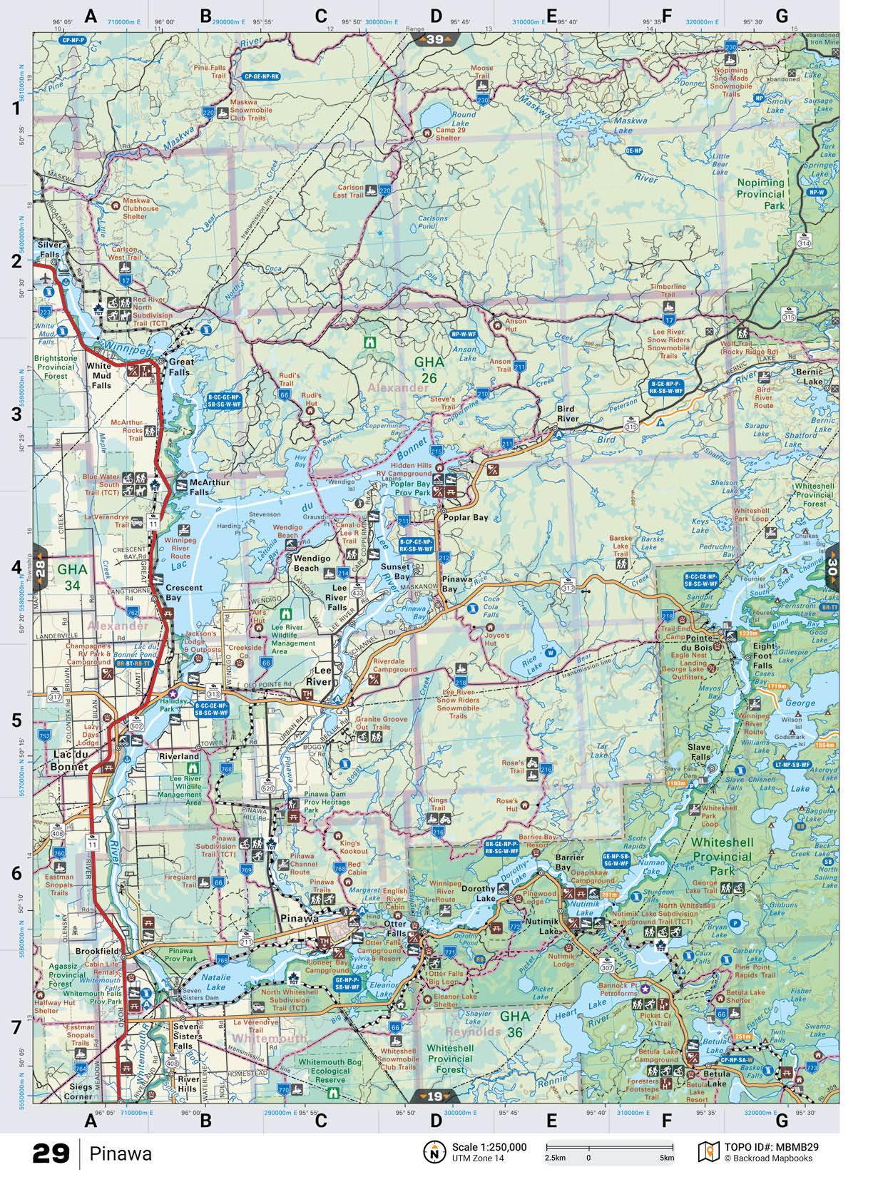 Detailed Manitoba backroad map showing Pinawa, lakes, parks, highways, and provincial forests.