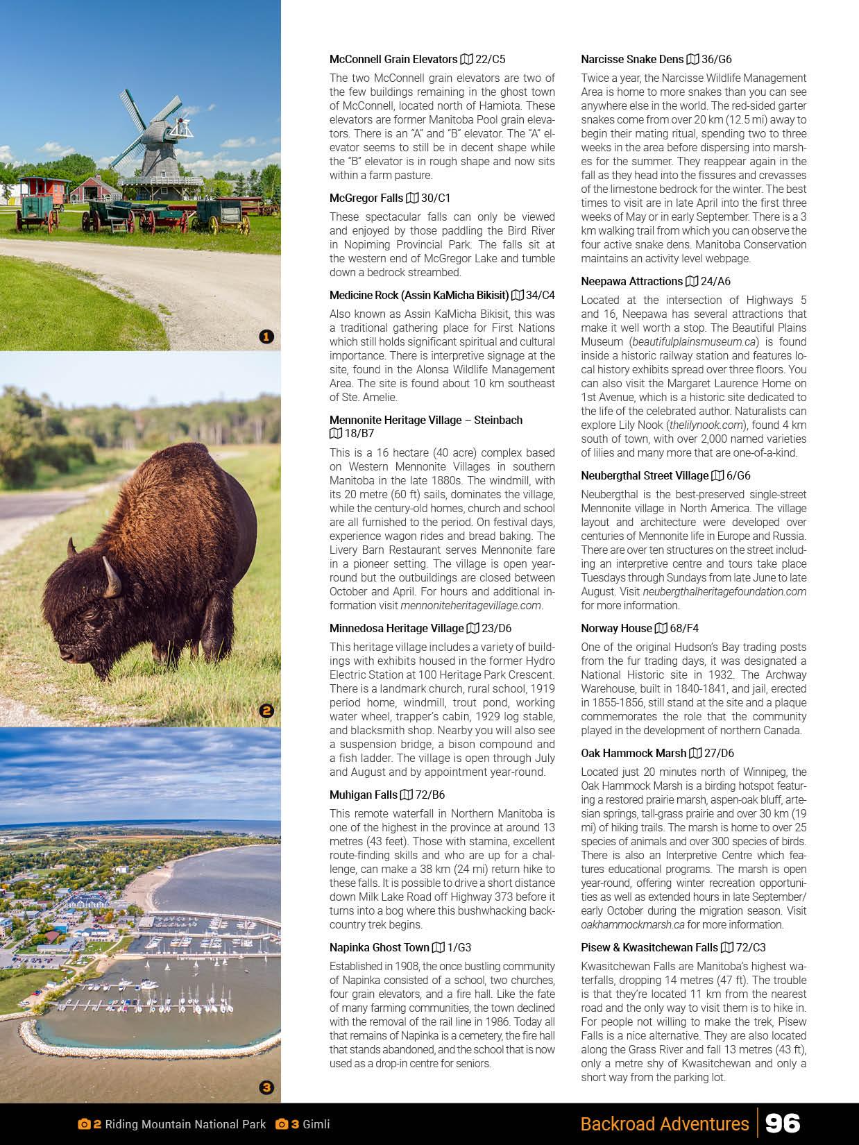 Windmill at Mennonite Heritage Village, grazing bison, marina aerial view, Manitoba mapbook