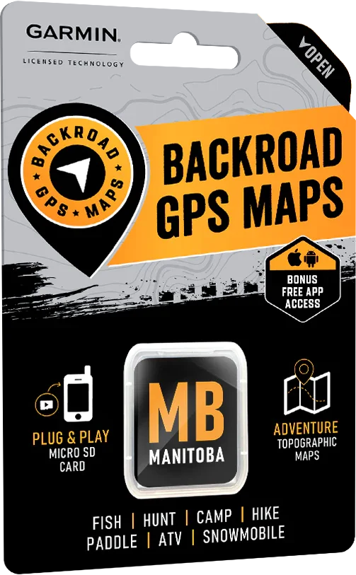 Backroad GPS Maps Manitoba topographic map, Garmin micro SD card for outdoor adventure.