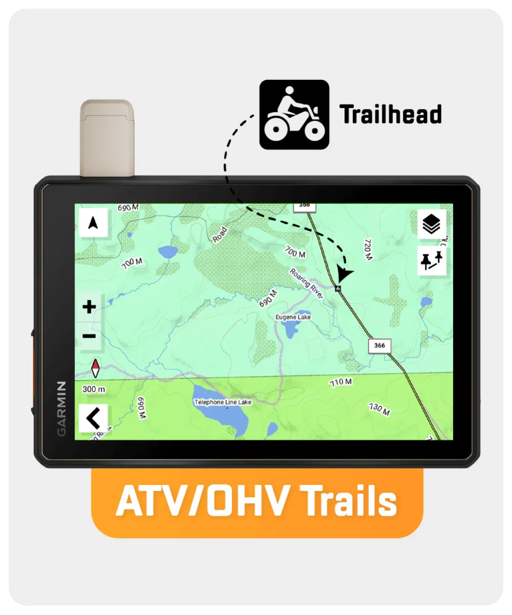 Garmin GPS display showing Manitoba ATV/OHV trails map with trailhead icon.