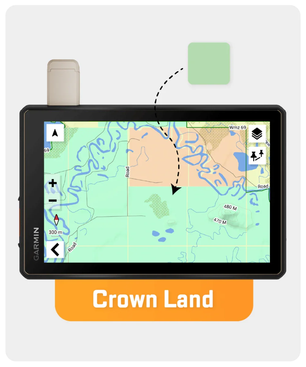 Manitoba GPS map on Garmin device showing Crown Land terrain and water features