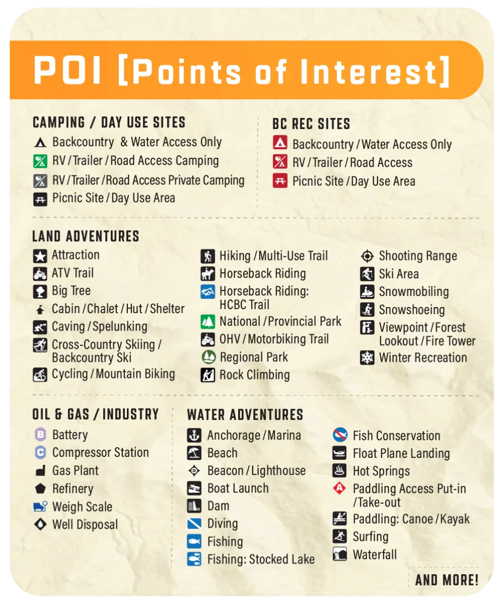 Points of Interest legend for Manitoba GPS maps showing icons for camping, land and water adventures, oil and gas sites.