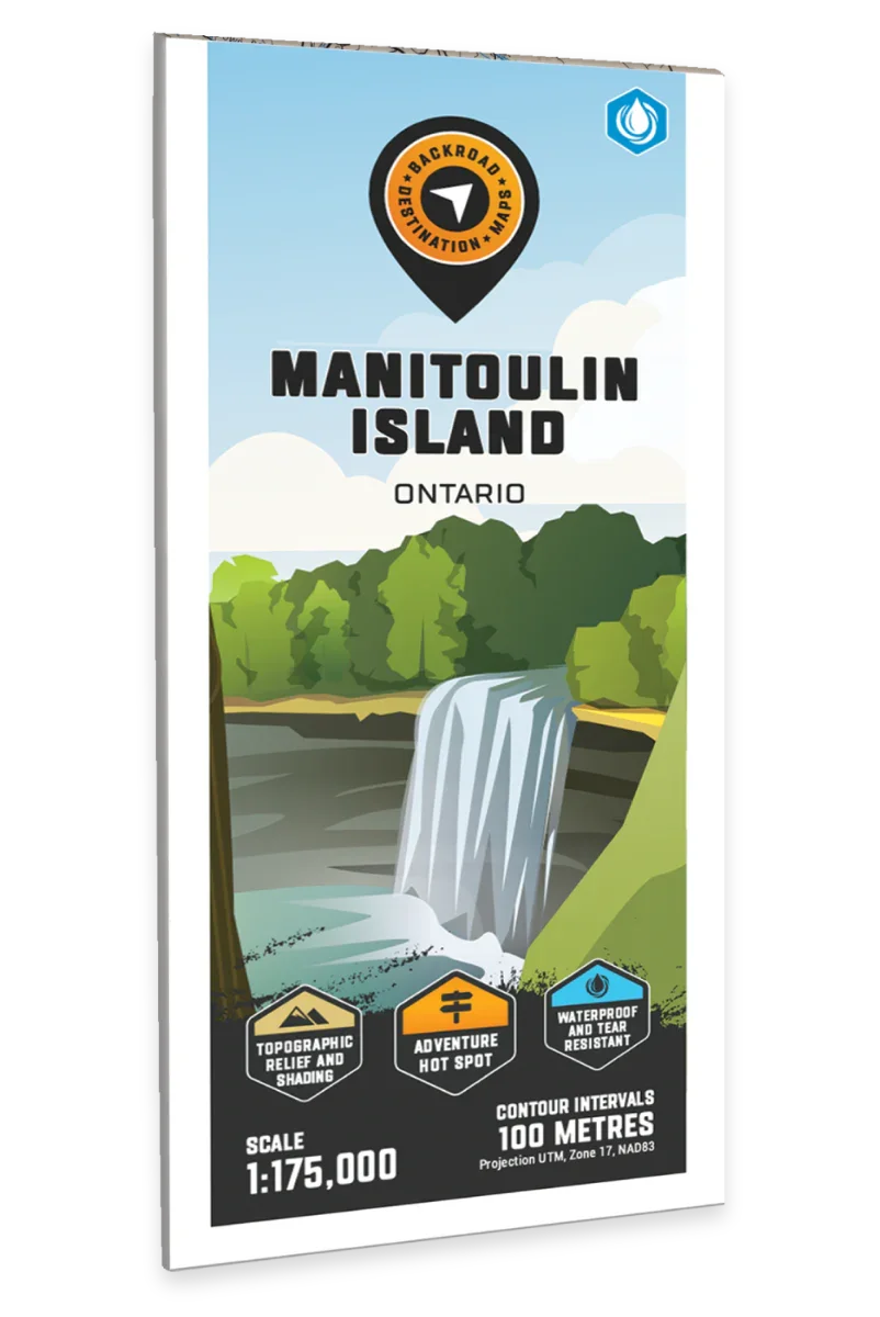 Manitoulin Island Ontario destination map cover with illustrated waterfall, forest, and icons for topographic relief, adventure hotspot, and waterproof features.