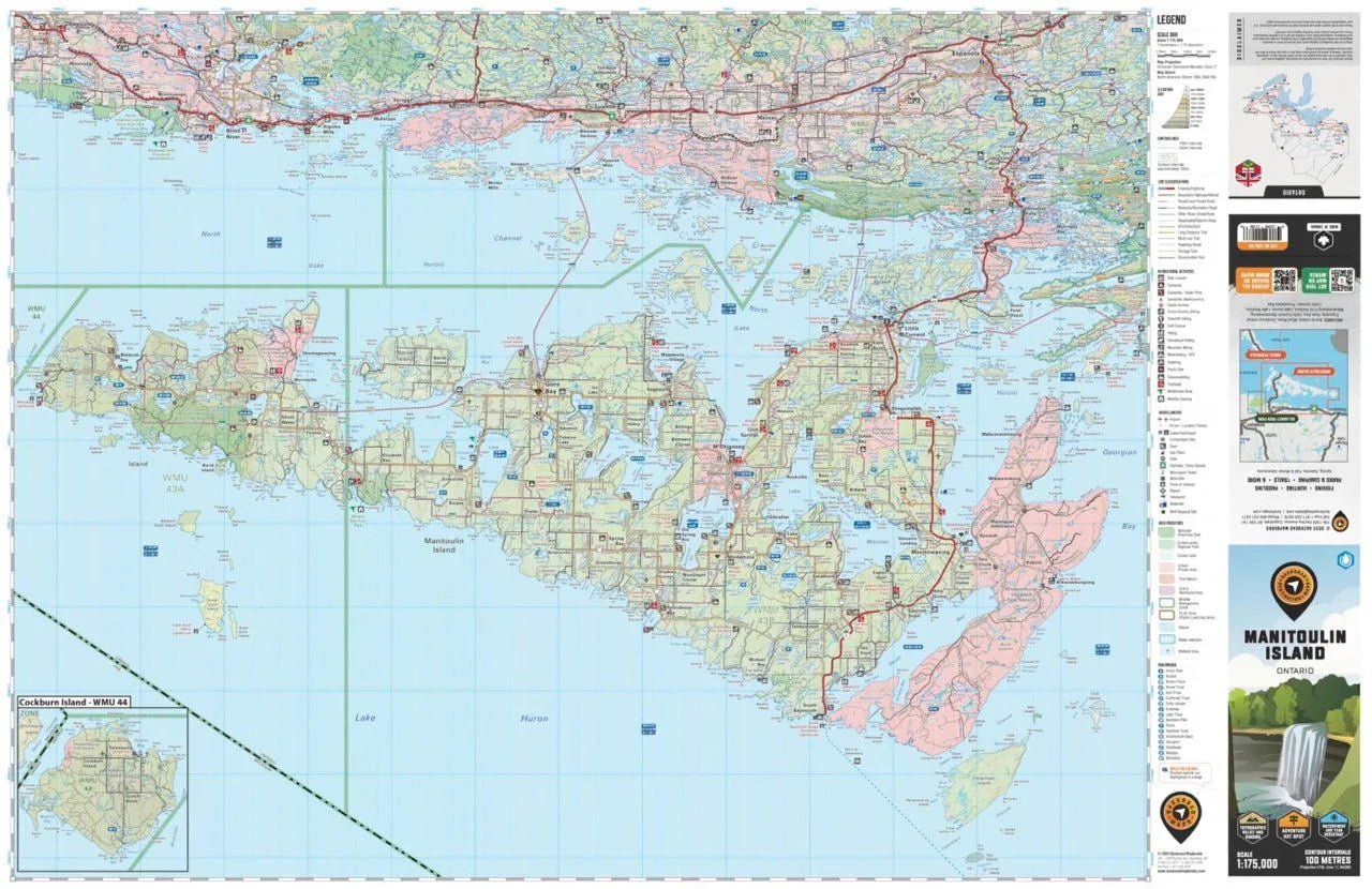 Detailed Manitoulin Island Ontario map showing roads, lakes, parks, legend, and nearby regions.