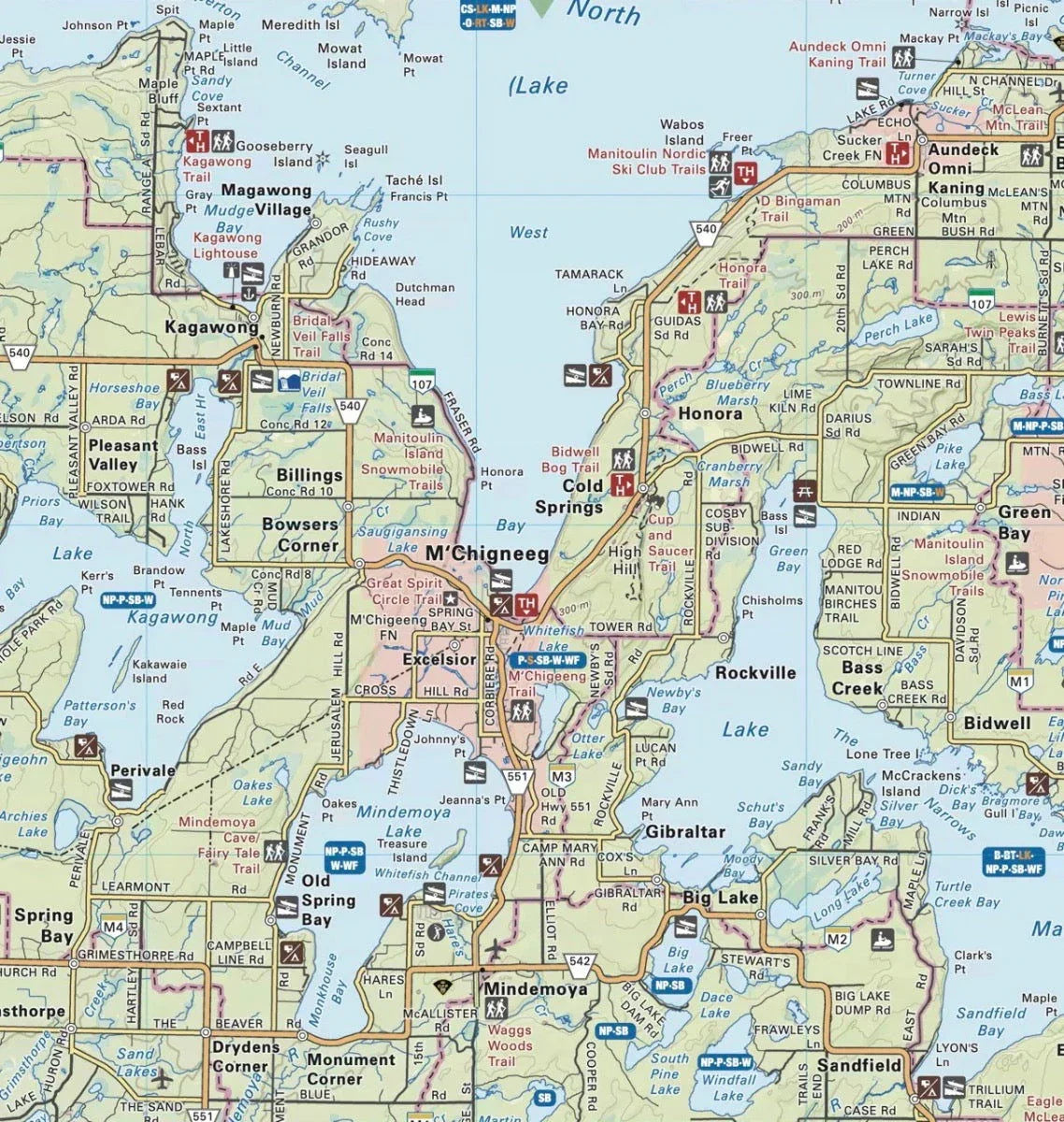 Manitoulin Island Ontario destination map with towns, lakes, and trail routes highlighted.