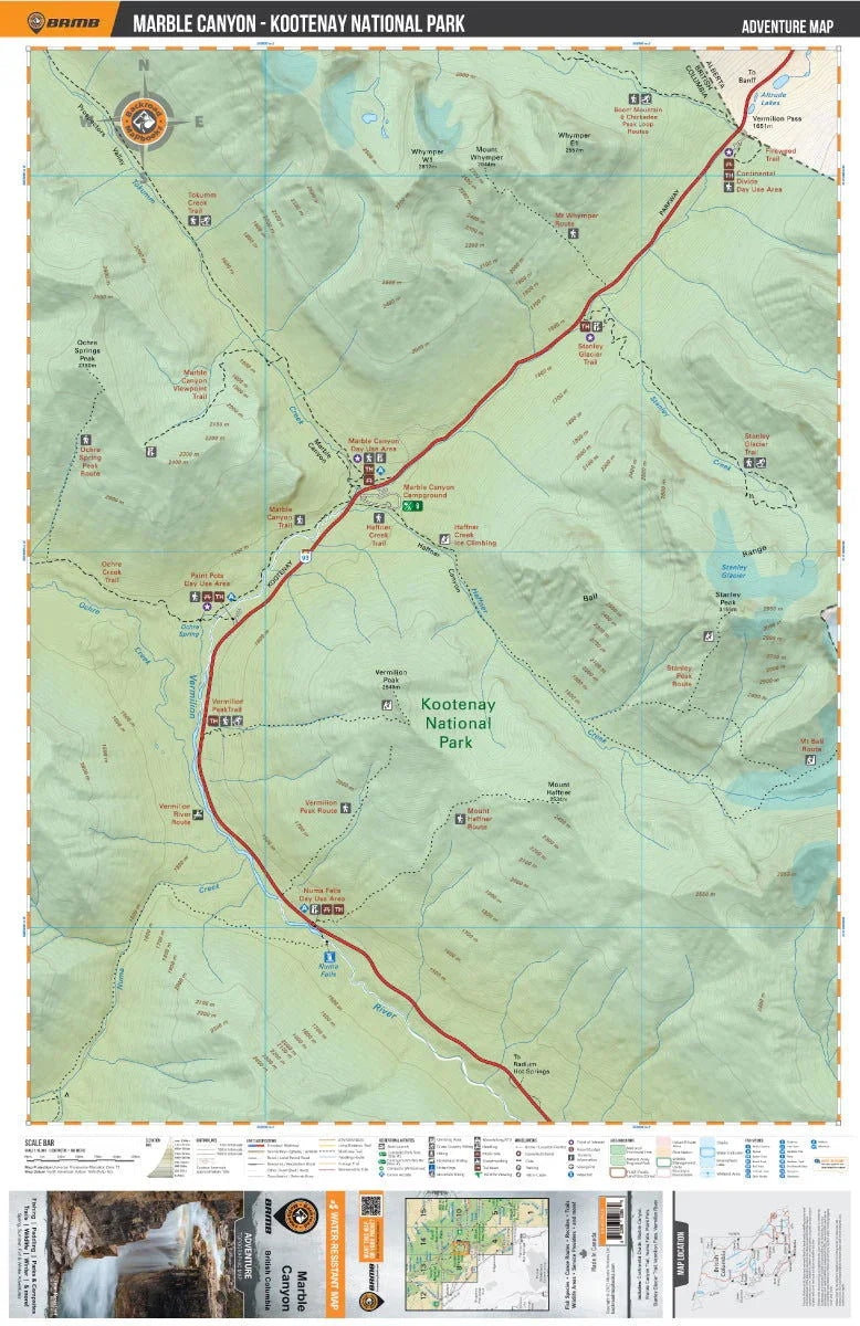 Marble Canyon Kootenay National Park map showing trails, campgrounds, highways, and natural features