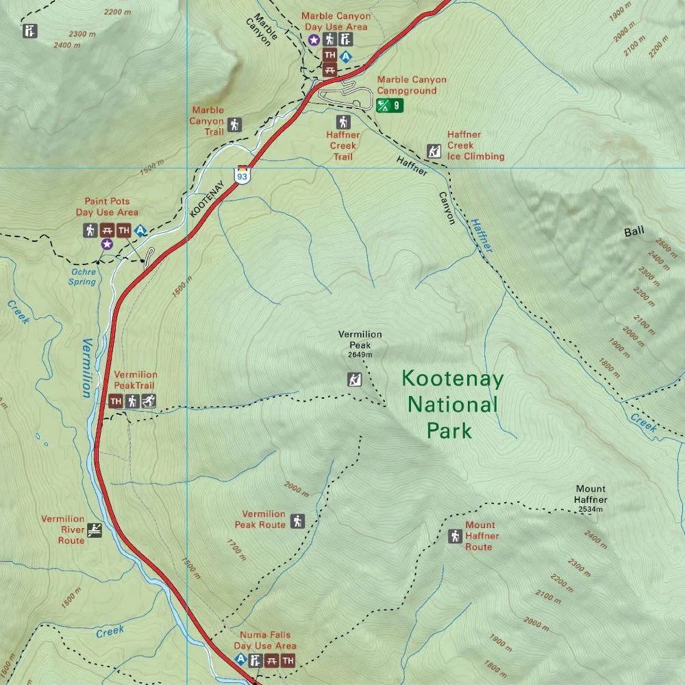 Map of Marble Canyon and trails in Kootenay National Park, campgrounds and day use areas shown.