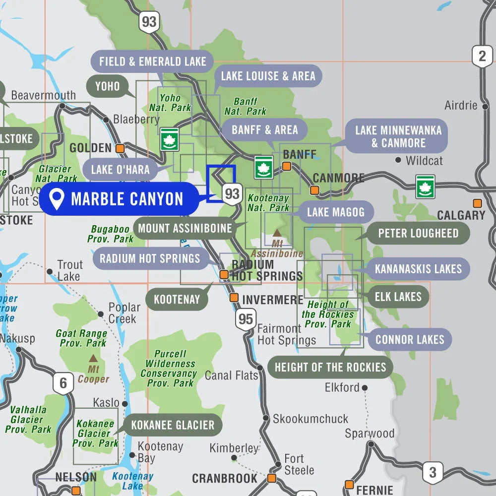 Map highlighting Marble Canyon in Kootenay National Park, BC, with nearby parks and highways